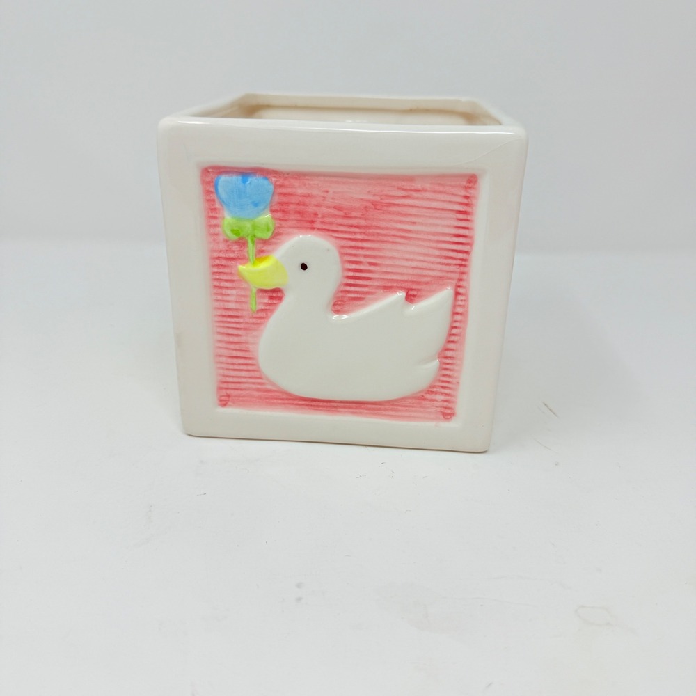 Vtg 50's Baby Block Ceramic Planter Pot ABC Duck Flower Cute Desk Decor